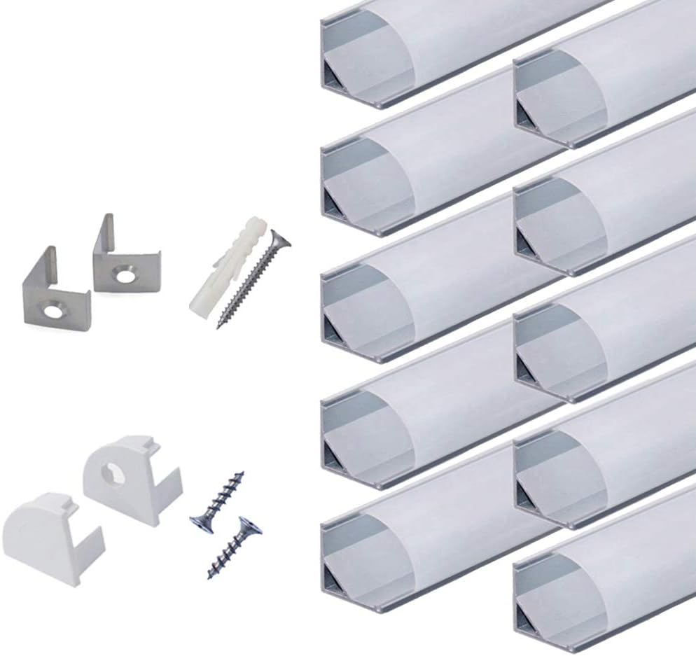 hunhun 10-Pack 6.6ft/ 2Meter V Shape LED Aluminum Channel System with Milky Cover, End Caps and Mounting Clips, Aluminum Profile for LED Strip Light Installations, Very Easy Installation