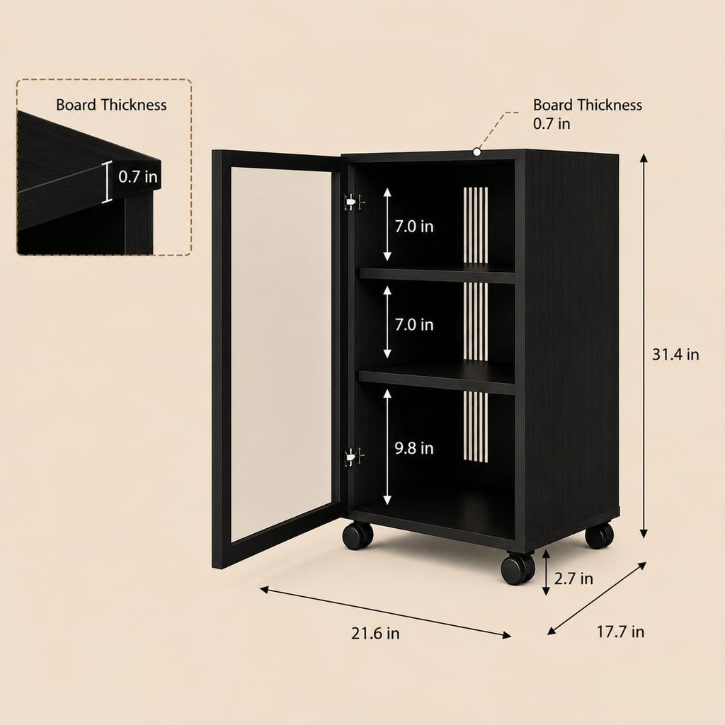 rolling Media Storage Cabinet with Tempered Glass Door, audio rack cabinet with Cable Management, Efficient Heat Dissipation, Studio home audio cabinet for Living Room/Gaming Setup/Home (3-tier)