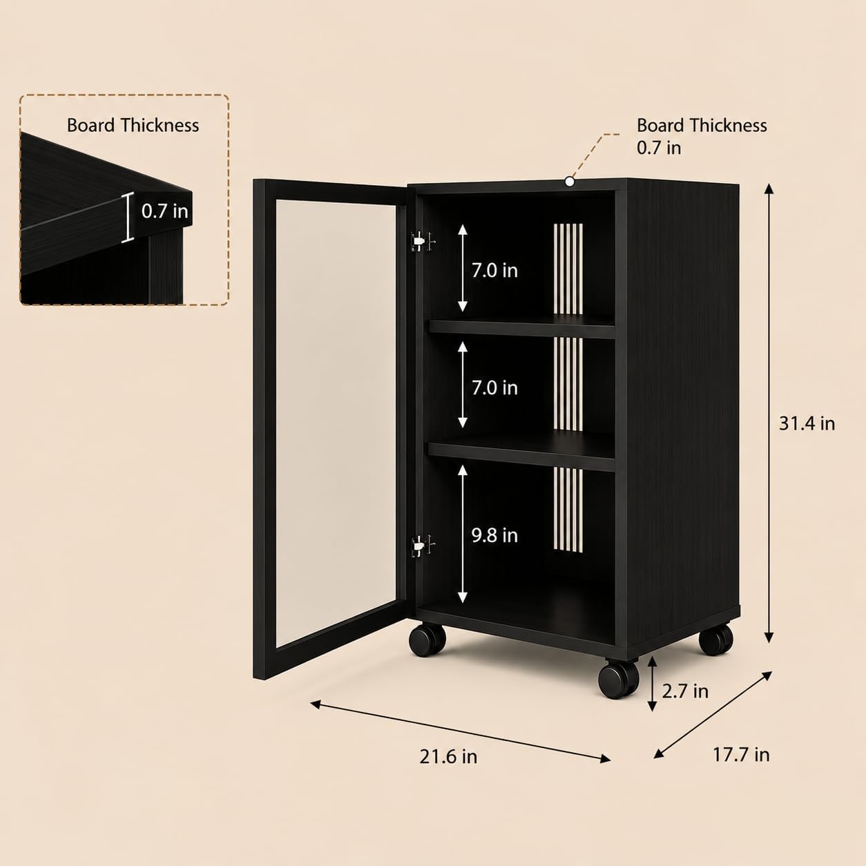 rolling Media Storage Cabinet with Tempered Glass Door, audio rack cabinet with Cable Management, Efficient Heat Dissipation, Studio home audio cabinet for Living Room/Gaming Setup/Home (3-tier)