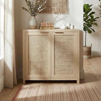 OAKHAM HOME Rattan Sideboard Buffet Cabinet with Storage, Boho Farmhouse Credenza with Adjustable Shelves, Decorative Coffee Bar Cabinet for Kitchen, Living Room & Entryway Organization, Light Oak