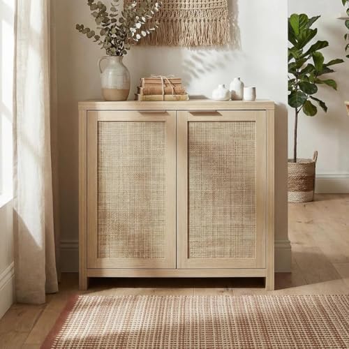 OAKHAM HOME Rattan Sideboard Buffet Cabinet with Storage, Boho Farmhouse Credenza with Adjustable Shelves, Decorative Coffee Bar Cabinet for Kitchen, Living Room & Entryway Organization, Light Oak