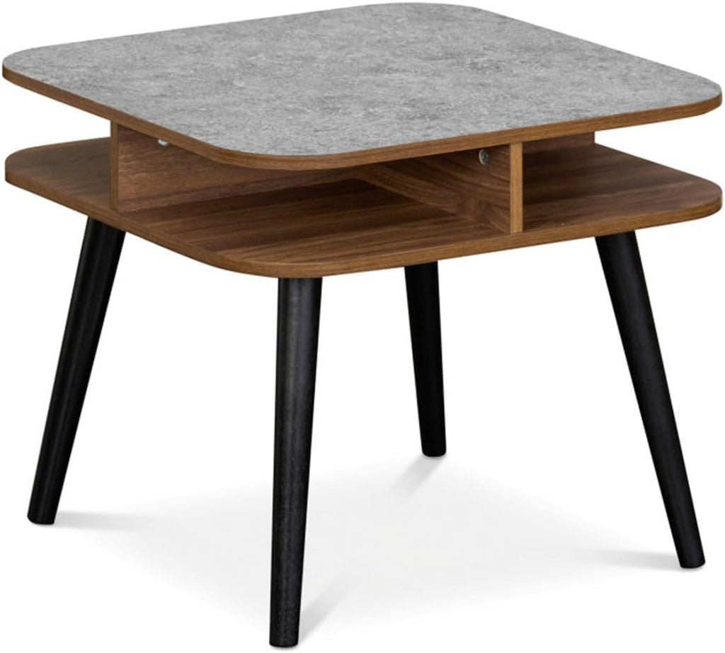 24" Square Faux Marble End Table with 4-Sided Storage Shelves | Nightstand with Rubber Wood Legs for Living Room, Bedroom | Heavy-Duty Side Table for Small Spaces