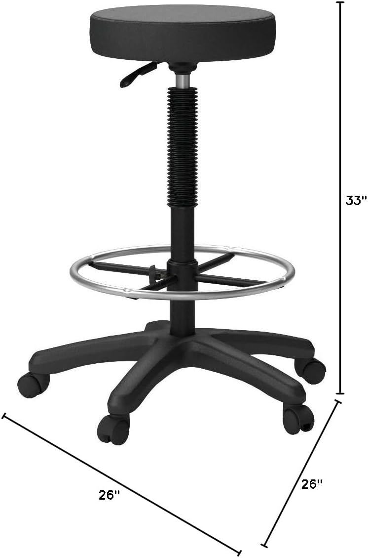 Work Smart Office Star ST217 Thick Padded Vinyl Seat Backless Drafting Stool with Adjustable Footring, 23-33", Black