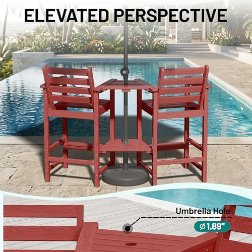 PLUUV Tall Adirondack Chairs Set of 2 with Double Connecting Side Trays, All-Weather HDPE Bar Height Patio Chairs for Balcony & Poolside, 380 LBs Capacity Heavy Duty Outdoor Furniture, Red