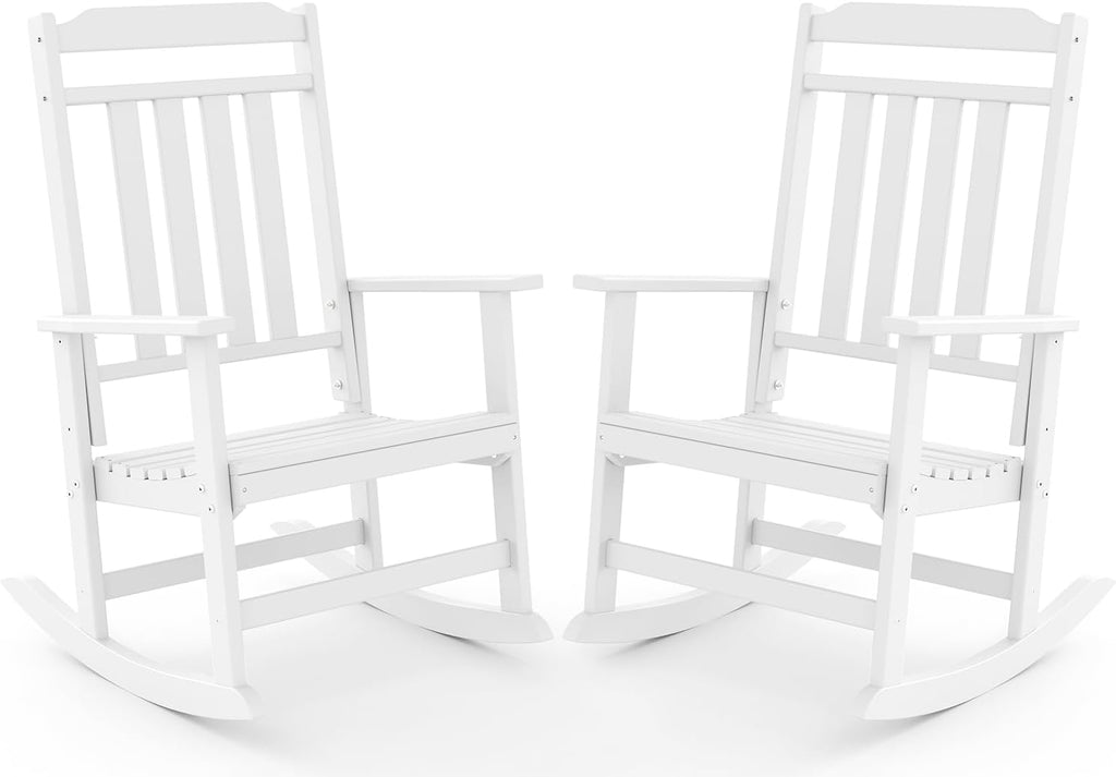 GREENVINES Outdoor-Rocking-Chairs-Set-of-2 | HDPE Plastic | Patio Rockers | Porch Rocker Chair | Oversized | High Back | Big & Tall | White