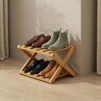 Folding Wooden Shoe Rack, 2-Tier Stackable Shoe Organizer, Natural Wood Shoe Shelf for Entryway, No Assembly Required, Space Saving Footwear Storage Stand for Closet, Bedroom, Living Room