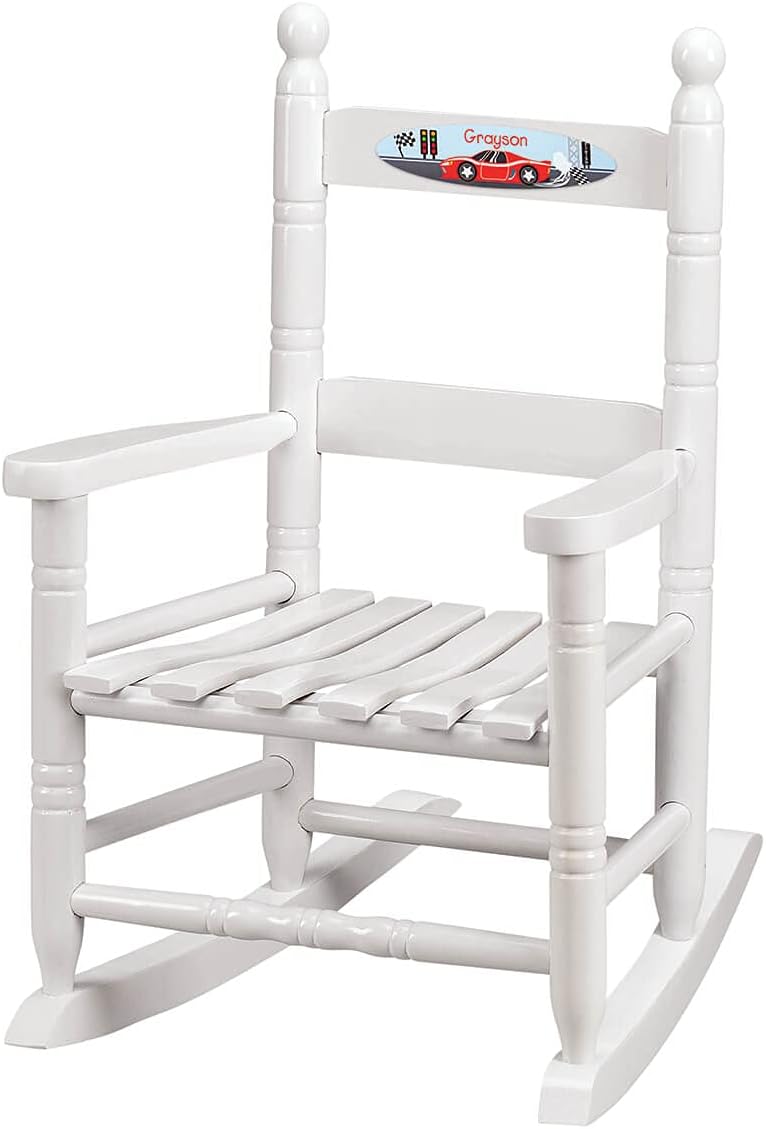 Fox Valley Traders Custom Childrens Rocking Chair, Features Classic Rocker Design and Hardwood Construction, White Finish with Racecar Design