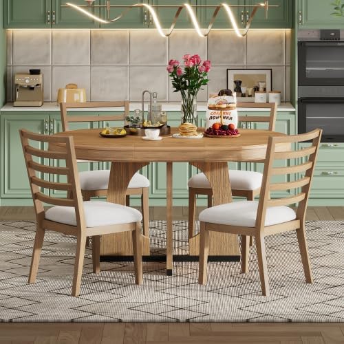 Bellemave Extendable Dining Table Set with 4 Upholstered Chairs, 5-Piece Round Kitchen Table Set with Removable Middle Leaf for Kitchen, Dining Room (Natural)