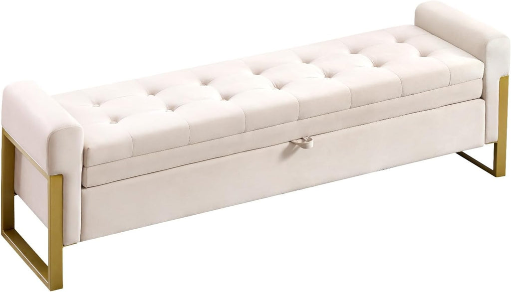 67" Storage Bench for Bedroom, King Size End of Bed Bench, Upholstered Storage Ottoman Bench with Golden Metal Legs, Bedroom Bench for Entryway, Beige