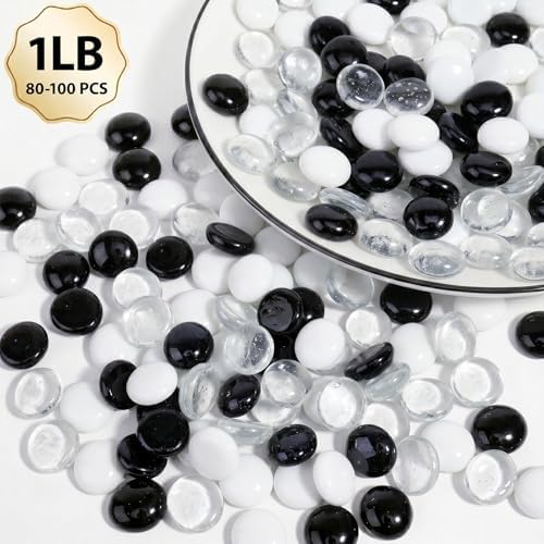 1LB Mixed Glass Beads White, Clear & Black, 0.6"-0.8" Flat Glass Marbles for Vases - Decorative Stones Vase Filler, Fish Tank Rocks, Aquarium Decor, Modern Gems for Centerpieces & DIY Crafts