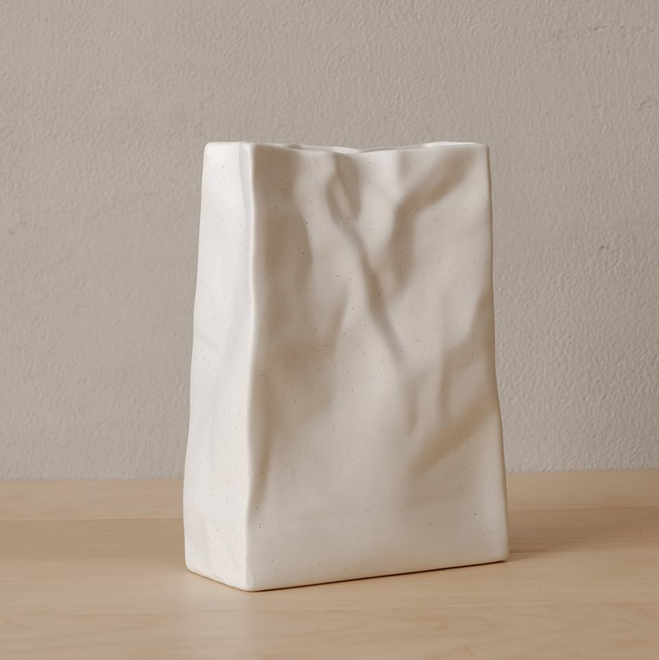 WENSHUO Crinkle Paper Bag Ceramic Vase, Modern Aesthetic Flower Vase for Home Decor, Unique Matte Ceramic Paperbag Vase for Flower Arrangement, Bookshelf Desk Decorative Ornament, Quirky Gift