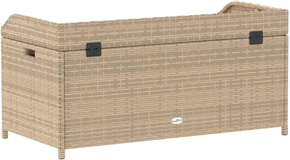 Beige Brown Outdoor Storage Bench, Acacia Wood Poly Rattan Patio Furniture, Weatherproof Garden Seating for Porch, 2-Person Capacity Bench Seating