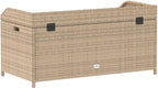 Beige Brown Outdoor Storage Bench, Acacia Wood Poly Rattan Patio Furniture, Weatherproof Garden Seating for Porch, 2-Person Capacity Bench Seating