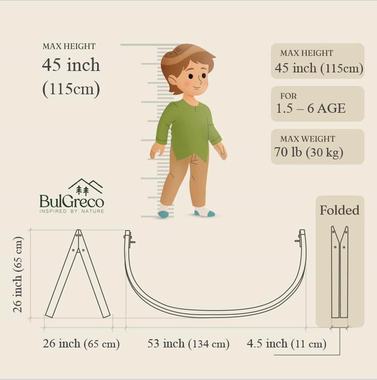GiggleNest by BulGreco - Kids Foldable Hammock Swing for Toddler Fun, Nap, Play, Sleep. Wooden with Unique 2 Way Swinging Motion, Children 1.5+ to 6 years, up to 45" and 70lb. Rocker 100% Cotton Cloth