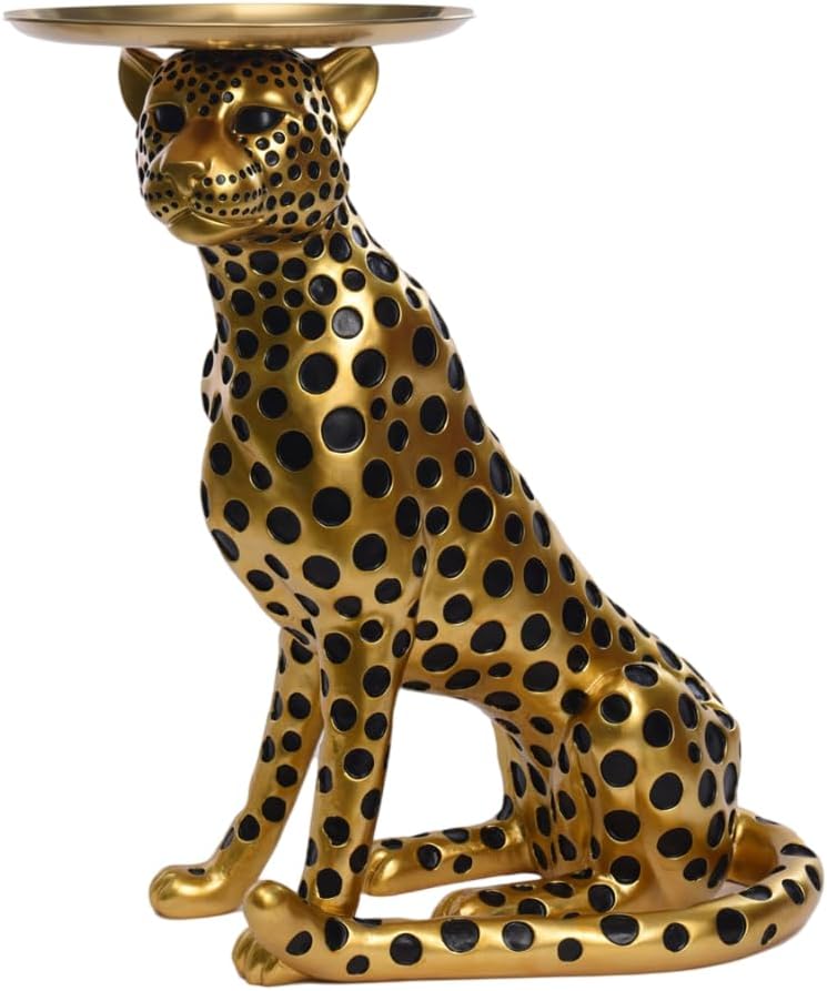 Luxury Gold Leopard Statue Side Table with Tray, Modern Glam Animal Figurine End Table for Living Room Decor (Gold)