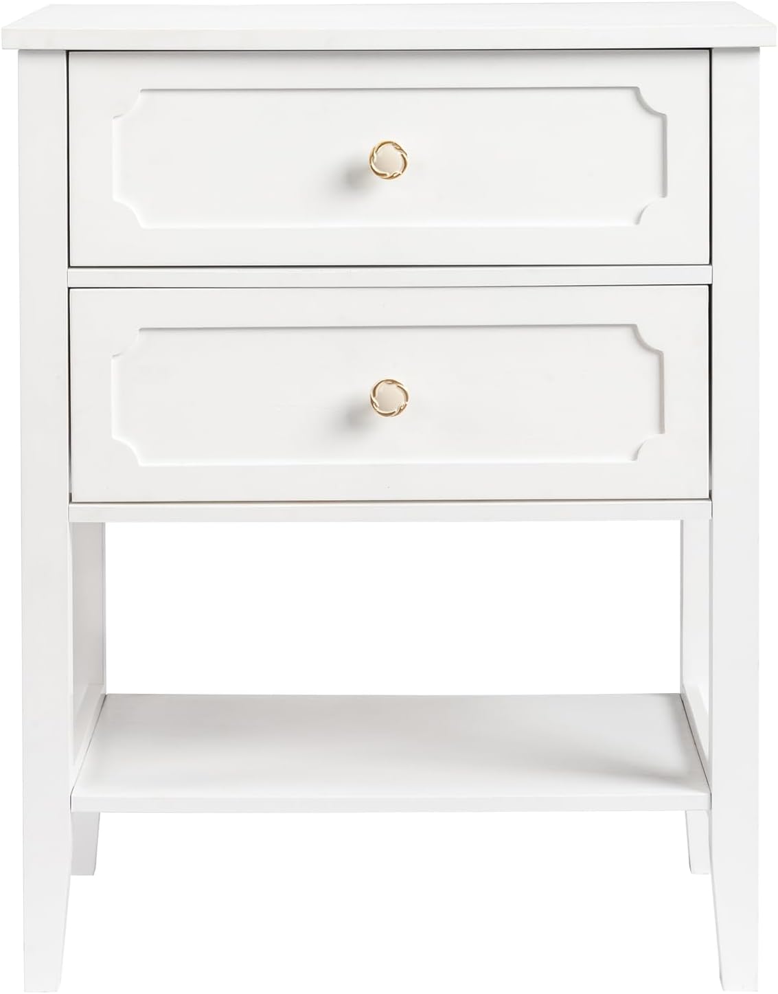 Wood Nightstand with 2 Drawers and Shelf, White End Table for Bedroom Living Room, Solid Wood & MDF Bedside Table