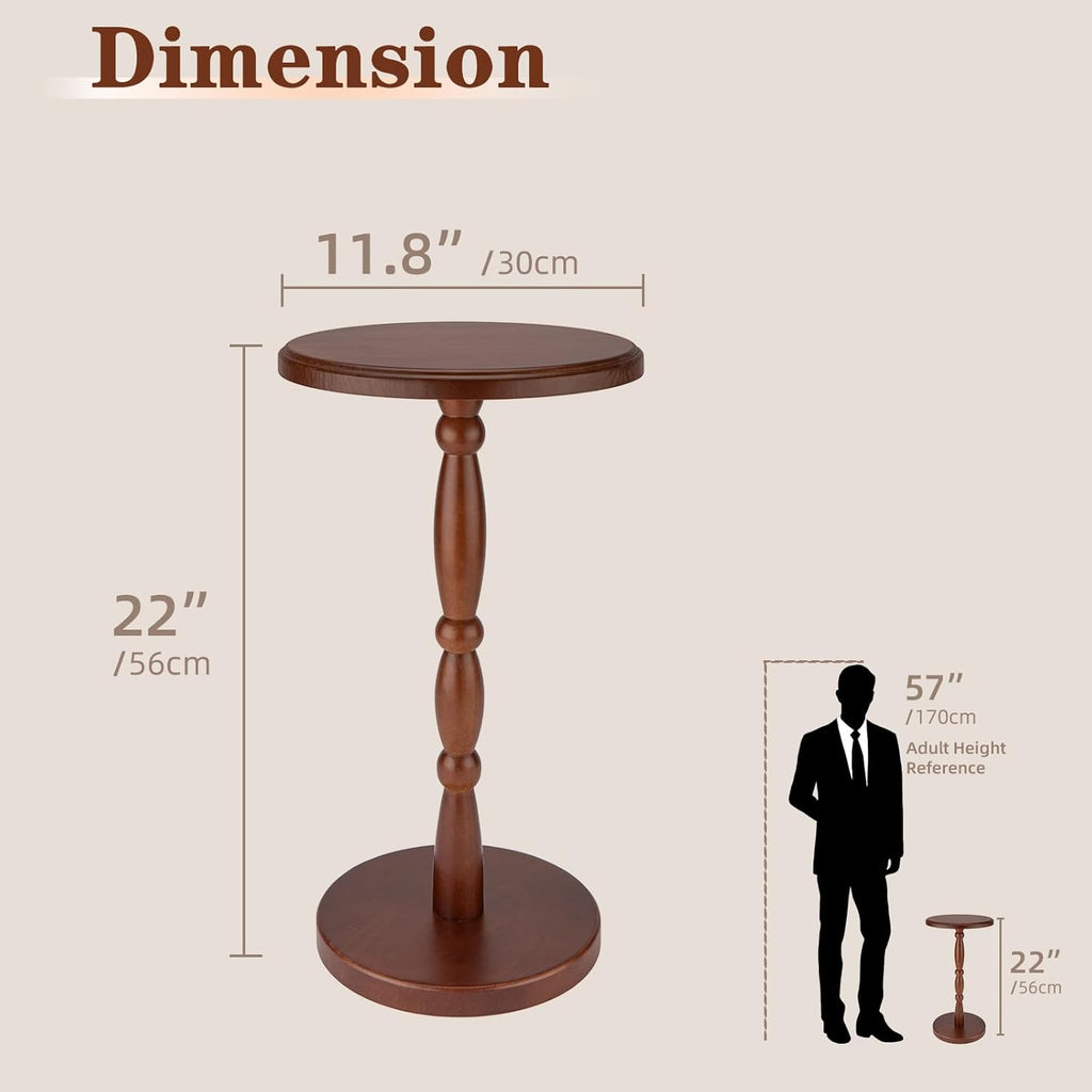 SANY DAYO HOME 12" Real Wood Round Drink Table, Small Pedestal Side Table with Decorative Beaded Design, Accent End Table for Living Room and Bedroom, Brown