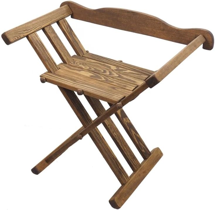 Dark Oak Medieval Viking Folding Chair with Backrest & Armrests, Rustic Solid Wood Portable Foldable Seat for Outdoor & Indoor Use