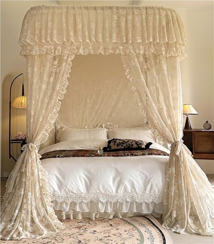 Bed Canopy Frame Set, Lace Canopy Curtains with U-Shaped Metal Frame, 3-Door Design for Bedroom Decoration
