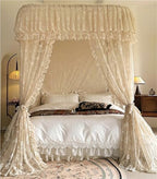 Bed Canopy Frame Set, Lace Canopy Curtains with U-Shaped Metal Frame, 3-Door Design for Bedroom Decoration