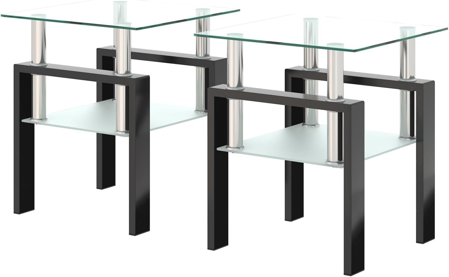 Square Glass End Table Set of 2, Clear Tempered Glass Top with Frosted Lower Shelf, Black Metal Legs, Square Sofa Side Table for Living Room Bedroom, 17.72x17.72x20.5 Inch, 150 lbs Capacit
