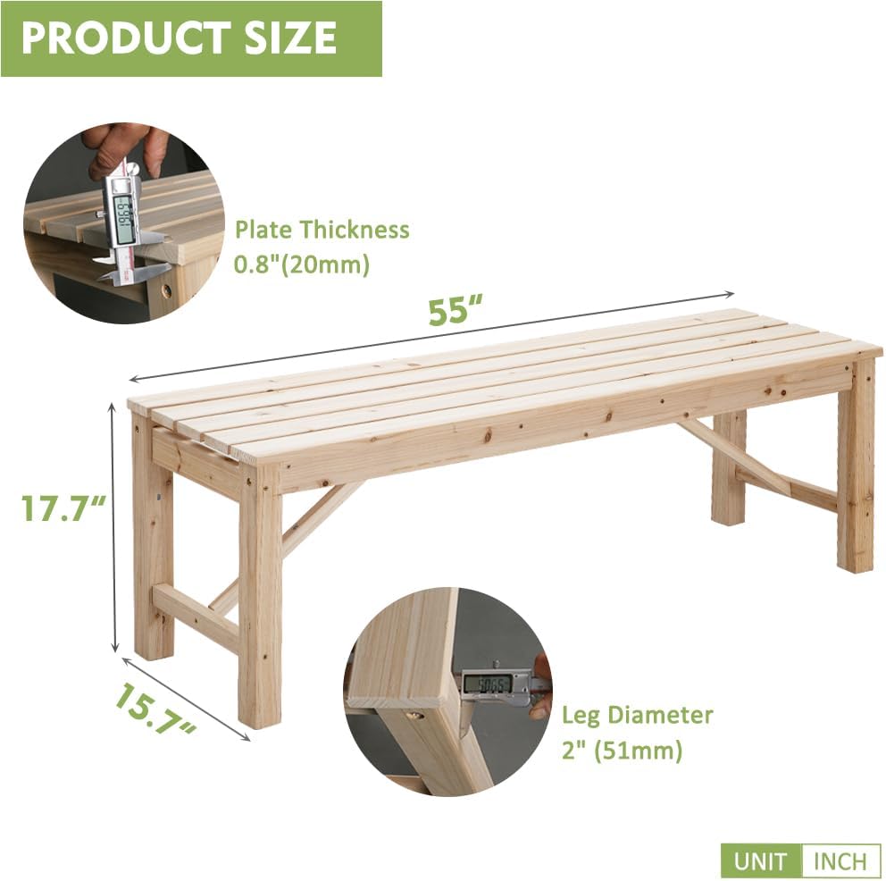 FORTUNO Natural Outdoor Wood Bench Indoor Backless Porch Rustic Square Fir Log Solid Wood Fire Pit Bench for Patio Garden Deck and Backyard, 55" W×15.7" D×17.7" H, Natural
