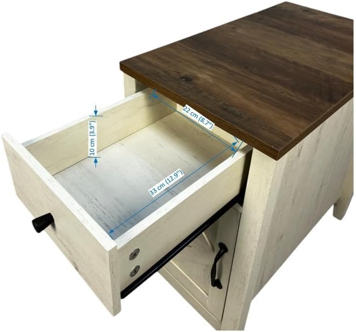 Farmhouse End Table Bedside Table with Charging Station,Night Stand with Barn Door and Drawer, Storage for Bedroom Living Room,for Small Spaces