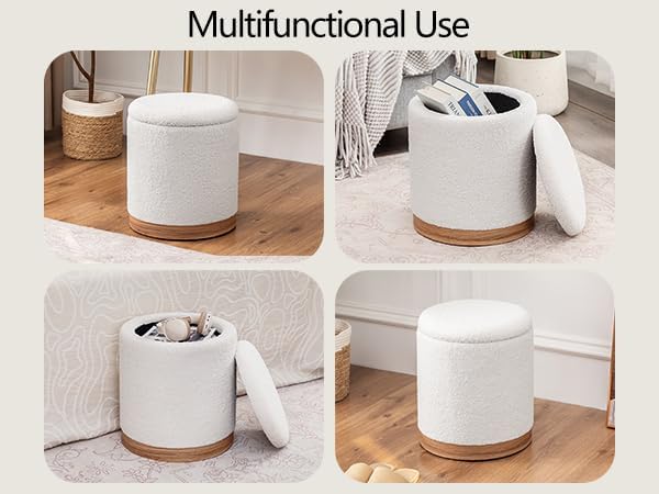 Joveco Round Storage Ottoman with Removable Lid, Boucle Small Upholstered Padded Vanity Foot Rest Stool for Living Room, Bedroom, Dorm, White with Oatmeal Wood Grain Trim