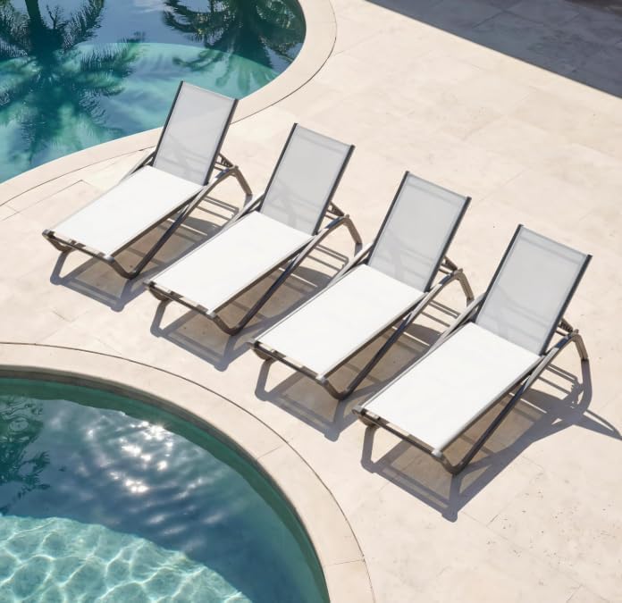 Aluminum Pool Lounge Chairs Set of 4 with 5 Adjustable Backrest, Textilene Fabric, Outdoor Lounge Chairs for Poolside, Beach, Deck, Backyard (White)