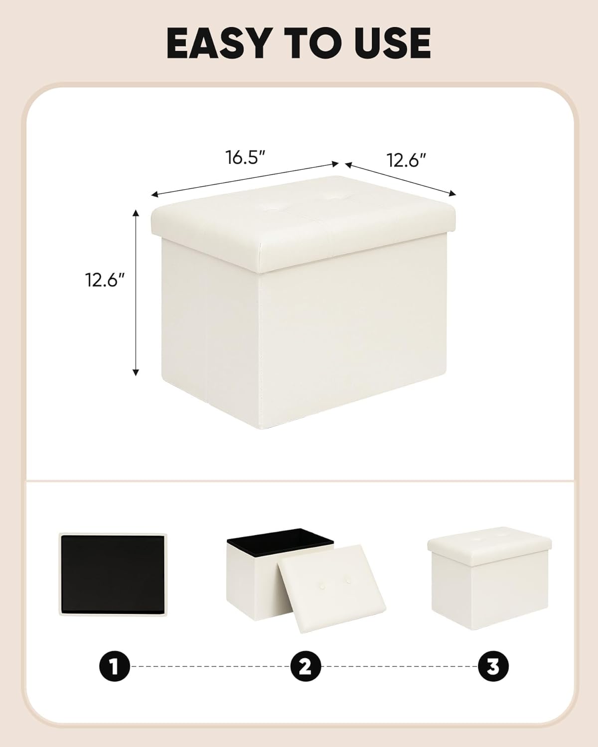 B FSOBEIIALEO Folding Storage Ottoman, Faux Leather Footrest Seat Coffee Table Toy Chest Kids, White 16.5"x12.6"x12.6"