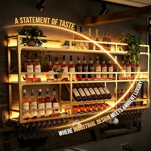 59in Wall Mounted Wine Rack, Floating Industrial Liquor Glass Holder 3 Tiers, Large Metal Wine Bottle Display Rack Hanging Shelf, for Home Bar Dining Room Decorative