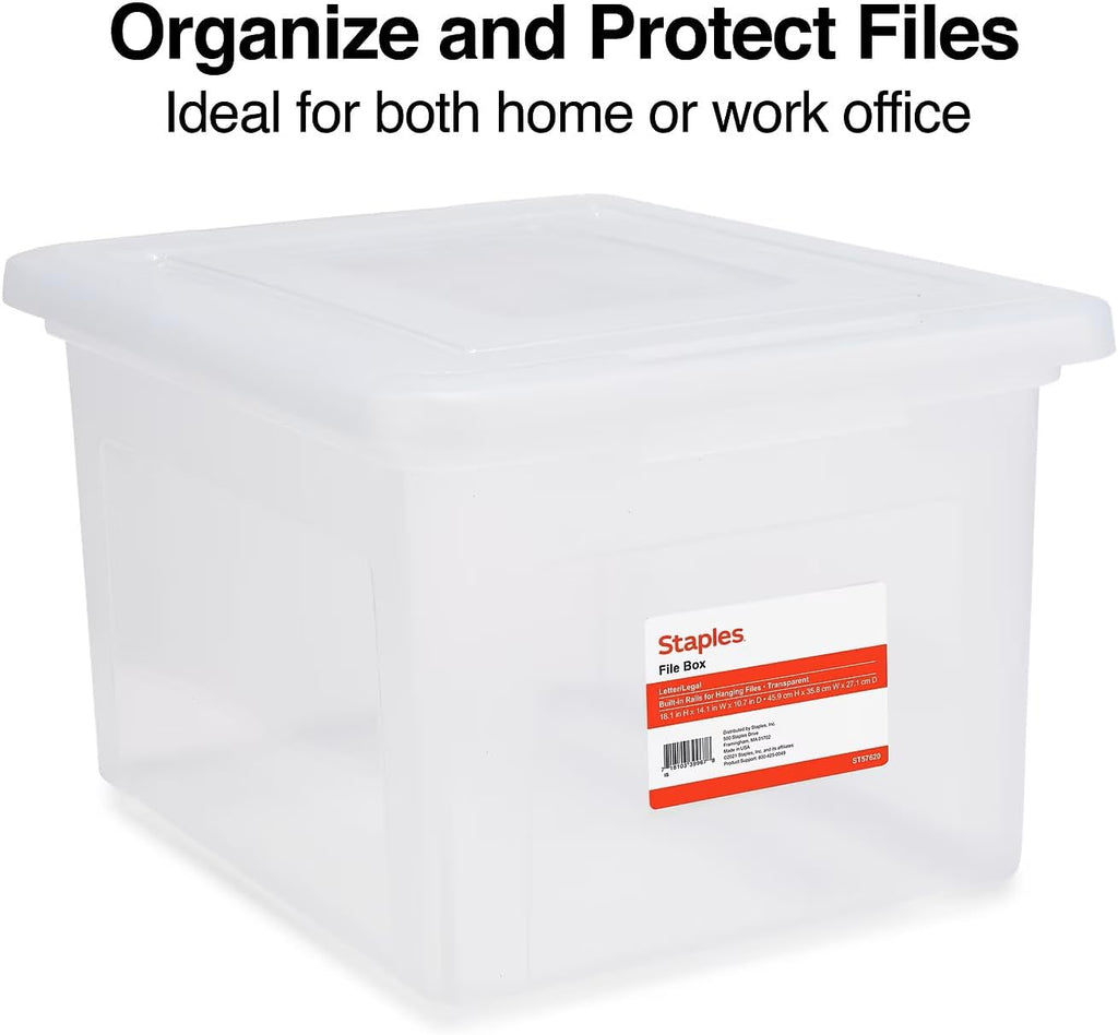 STAPLES Plastic File Box with Snap Lid, Letter/Legal Size, Clear, 4/Carton