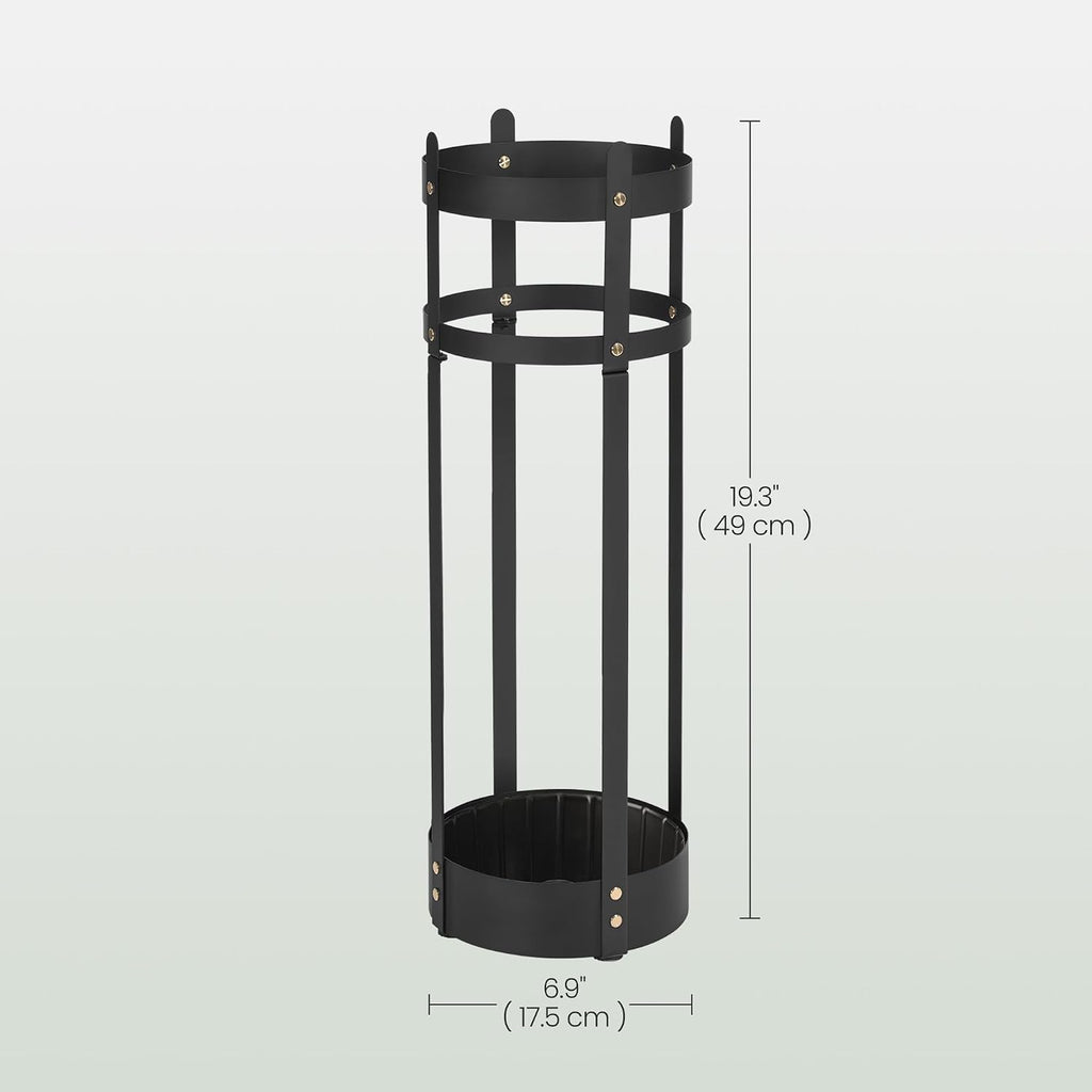 SONGMICS Umbrella Stand, Steel Round Umbrella Holder Rack, 6.9 x 6.9 x 19.3 Inches, with Detachable Drip Tray, for Entryway, Office, Stable, Assembly Required, Matte Black ULUC029B01