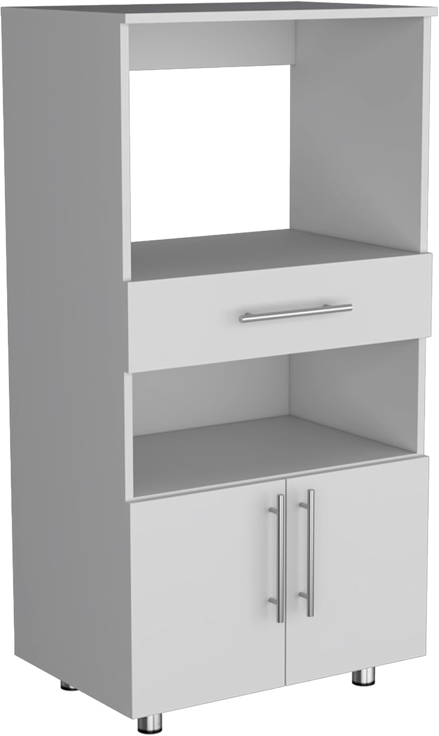24.4" D*16.54" W*48" H Kitchen Pantry with Drawer & 2 Open Shelves, Lower Double Door, Sliver Legs, Rectangular Storage Cabinet, Modern Minimalist, for Living Room, Dining Room, White