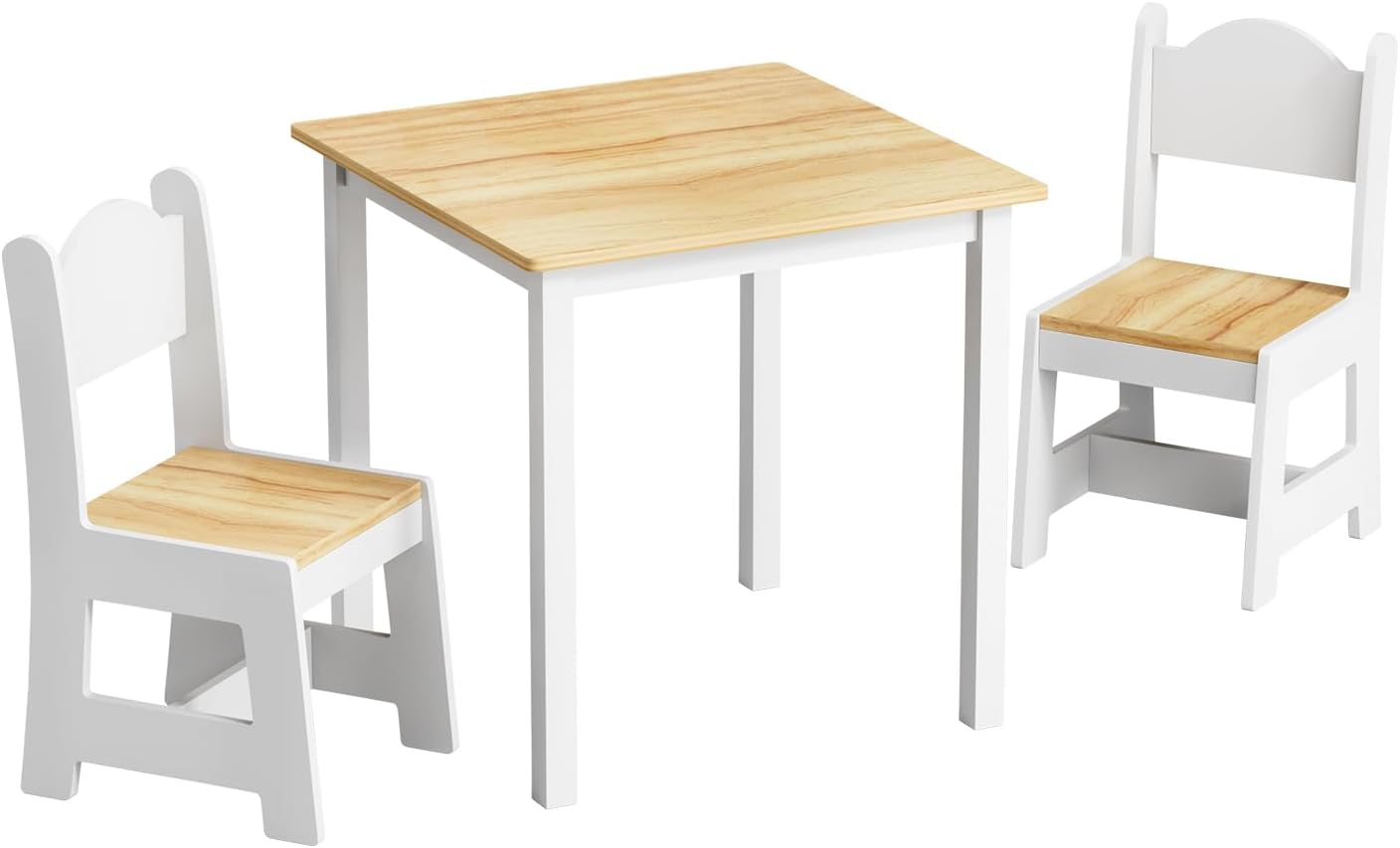 JOYMOR Kids Table and 2 Chairs, Toddler Table and Chair Set, Wooden Activity Table for Children with Chairs, Perfect for Arts, Crafts and Nursery Use, Natural & White
