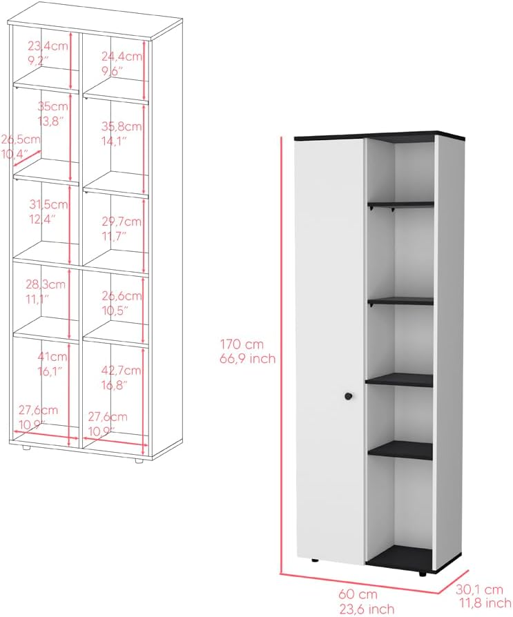 24.4" D*16.53" W*48.03" H Freestanding Kitchen Pantry with 8 Black Shelves, Single Door, Rectangular Storage Cabinet, Modern Minimalist, for Living Room, Dining Room, White