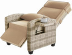GarveeLife Outdoor Recliner Chair, PE Wicker Lounge Chair with Adjustable 145° Lay-Flat Backrest, Independent Footrest & Side Table, Plush Cushion for Patio, Poolside, Backyard in Brown