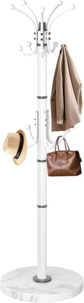 EZIVIEZ Modern Coat Rack Stand, 360° Rotary Metal Freestanding Coat Rack with Natural Marble Base, Black Coat Racks and Coat Hanger Tree Jacket Stand with 14 Hooks for Office, Entryway, Hallway