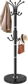 Metal Coat Rack with Natural Marble Base,360°Rotary Coat Rack Stand with 14 Hooks,Modern Freestanging Coat Racks, Black Coat Jacket Hanger Clothes Tree Stand for Entryway,Corner