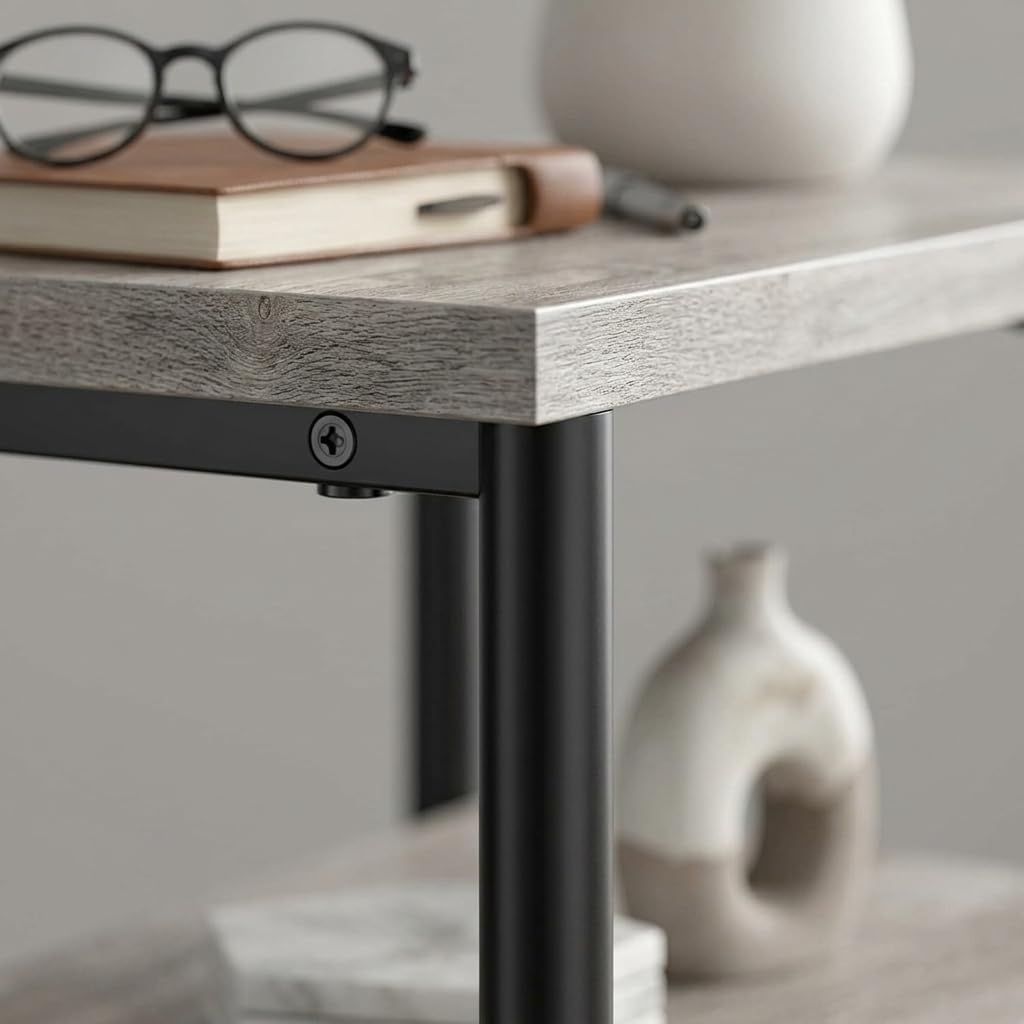 3 Tier End Table for Small Space, Modern Oak Grey Side Table with Metal Frame, Compact Nightstand for Living Room, Bedroom, and Office