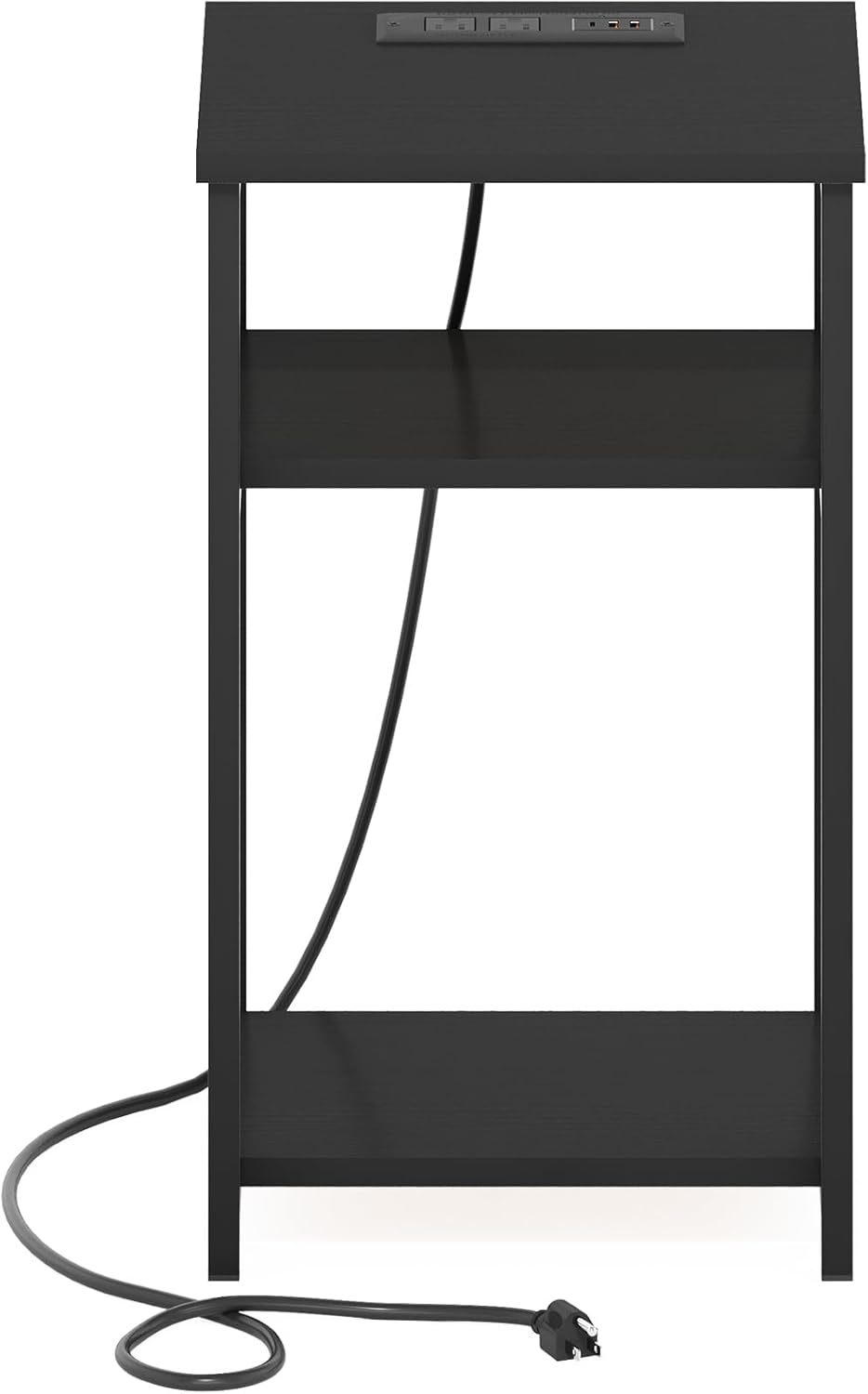 Furinno Moretti 3-Tier Black End Table with Charging Station, Metal Frame Side Table with USB and Type-C Charging Port, Night Stand, Bedside Table for Living Room, Bedroom, Dark Americano