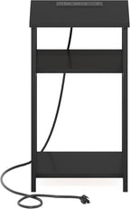 Furinno Moretti 3-Tier Black End Table with Charging Station, Metal Frame Side Table with USB and Type-C Charging Port, Night Stand, Bedside Table for Living Room, Bedroom, Dark Americano