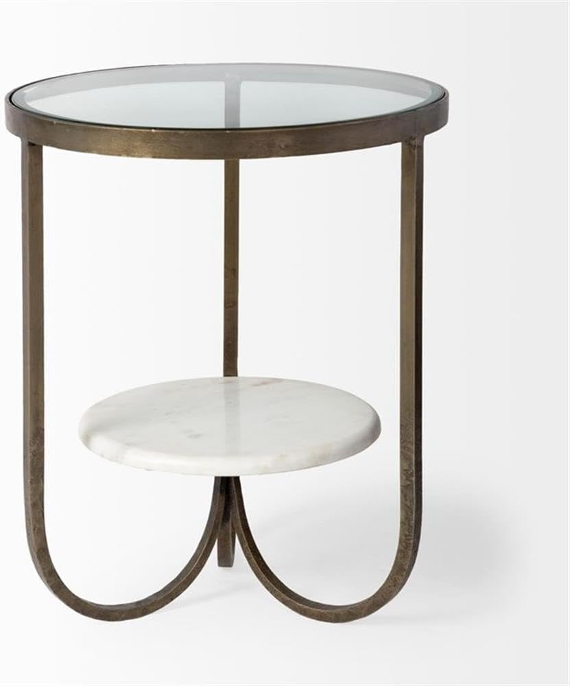 Pemberly Row Round Glass Top End Table, Gold Metal Frame with Marble Shelf, 20 in x 20 in x 24 in, Durable Iron Construction, Elegant Design for Living Room or Office Decor
