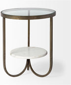 Pemberly Row Round Glass Top End Table, Gold Metal Frame with Marble Shelf, 20 in x 20 in x 24 in, Durable Iron Construction, Elegant Design for Living Room or Office Decor
