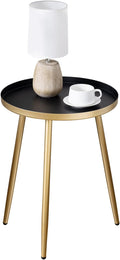 MyGift Gold End Table, Metal Nightstand, 22 Inch Tall Round Side Table with Matte Black Tray Top for Living Room Sofa Side Table Bedroom Plant Stand Home Decor