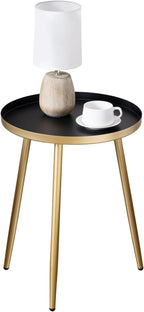MyGift Gold End Table, Metal Nightstand, 22 Inch Tall Round Side Table with Matte Black Tray Top for Living Room Sofa Side Table Bedroom Plant Stand Home Decor