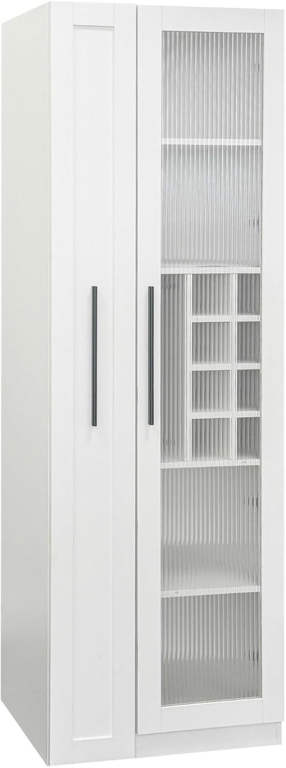 Kitchen Pantry Cabinet with Glass Door & Pull Out Shelves, 70.87" Tall Storage Cabinet with Wine Rack, Modern Farmhouse Pantry for Kitchen, Dining Room, Bar, Space-Saving Cabinet, White