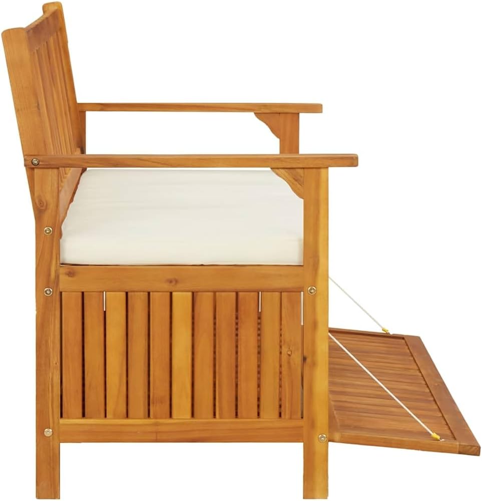 Patio Storage Bench Solid Acacia Wood Outdoor Garden Bench with Cushion, 47.2 Inch 2-Person Seating with Storage Chest for Hallway, Entryway, Backyard, Natural Brown Finish