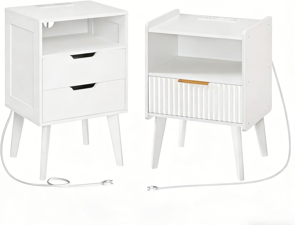 MAHANCRIS Nightstand with Charging Station and Modern Bedside Table Bundle, White End Table with Storage Drawers, Open Storage, Night Stand with Solid Wood Legs, for Bedroom, ETWT61E01N1-ETWT69E01