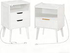 MAHANCRIS Nightstand with Charging Station and Modern Bedside Table Bundle, White End Table with Storage Drawers, Open Storage, Night Stand with Solid Wood Legs, for Bedroom, ETWT61E01N1-ETWT69E01
